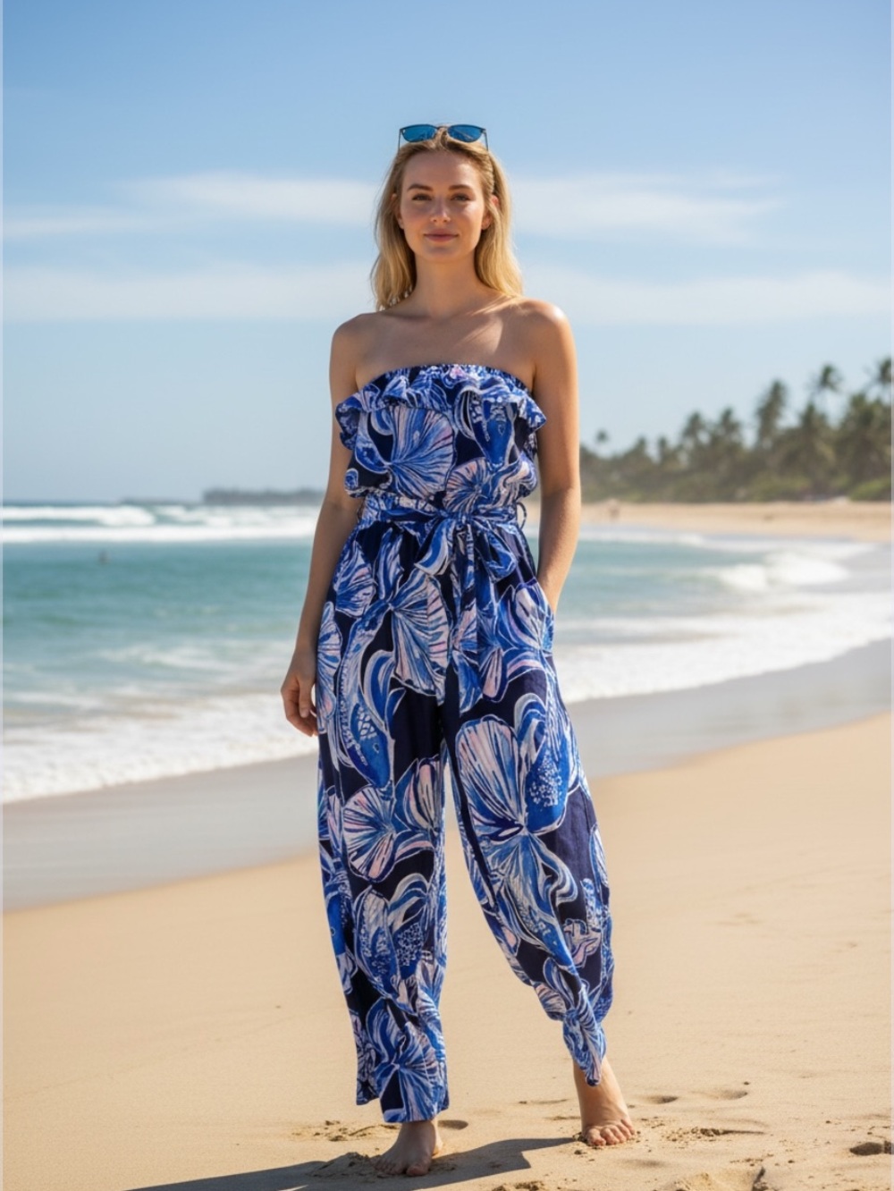 Lilly Pulitzer Strapless Ruffle Elastic Shoulder Jumpsuit Blue White  Shells🦪🐚